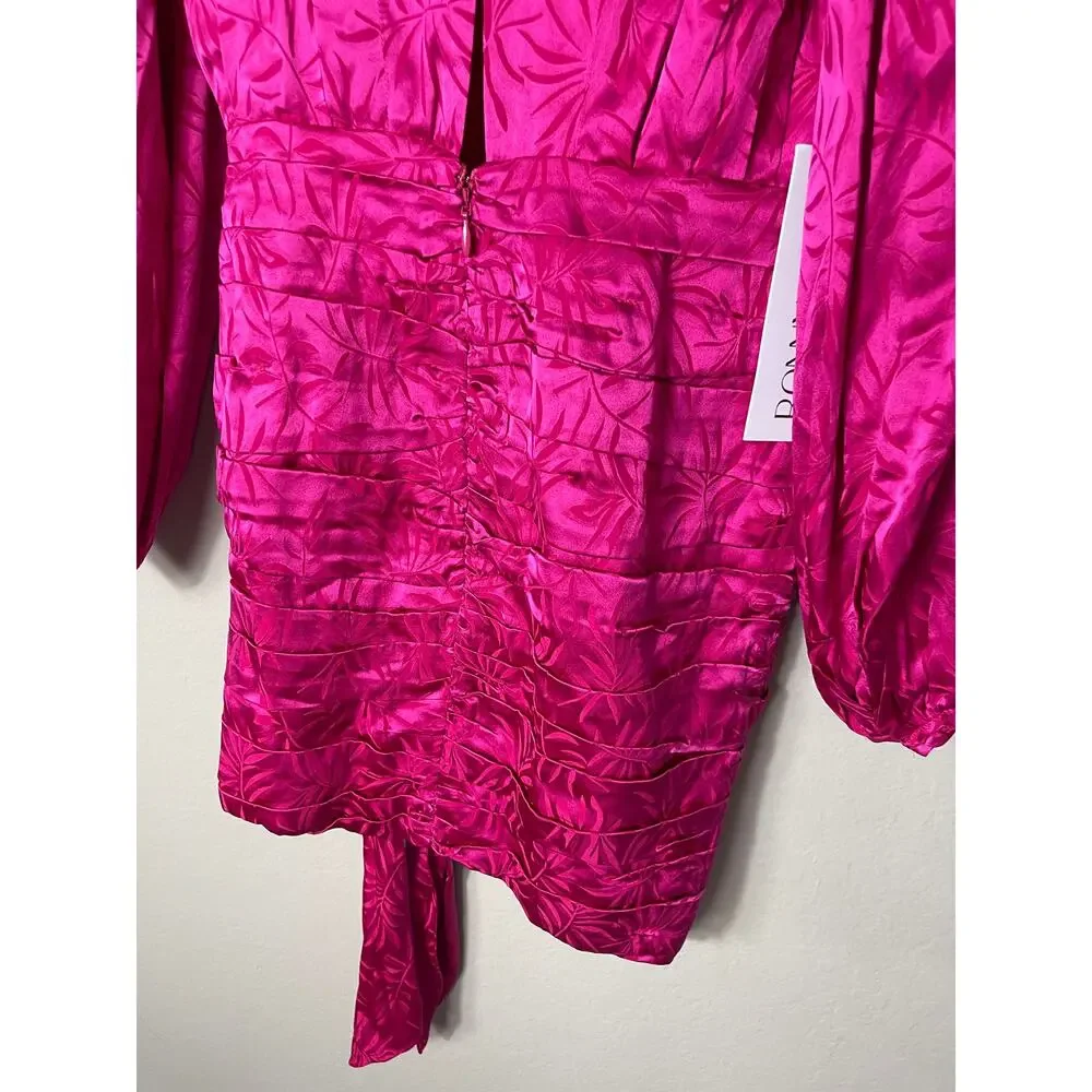 Ronny Kobo Giorgia Dress Fuchsia Silk Blend Ruched Wrap Mini Long Sleeve